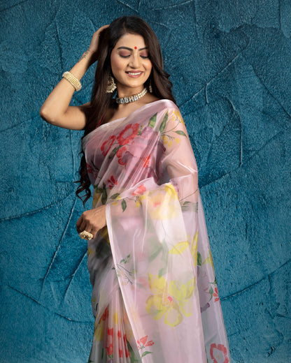 White And Yellow Floral Pattern Shimmer Tisshu Saree