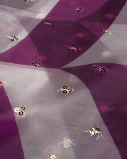 Mulberry Purple And White Abstract Pattern Booti Sequins Digital Print Liquid Organza Saree With Satin Border