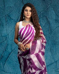 Mulberry Purple And White Abstract Pattern Booti Sequins Digital Print Liquid Organza Saree With Satin Border
