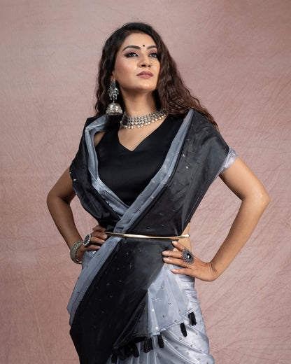 Black And White Ombre Pattern Booti Sequins Digital Print Liquid Organza Saree With Satin Border