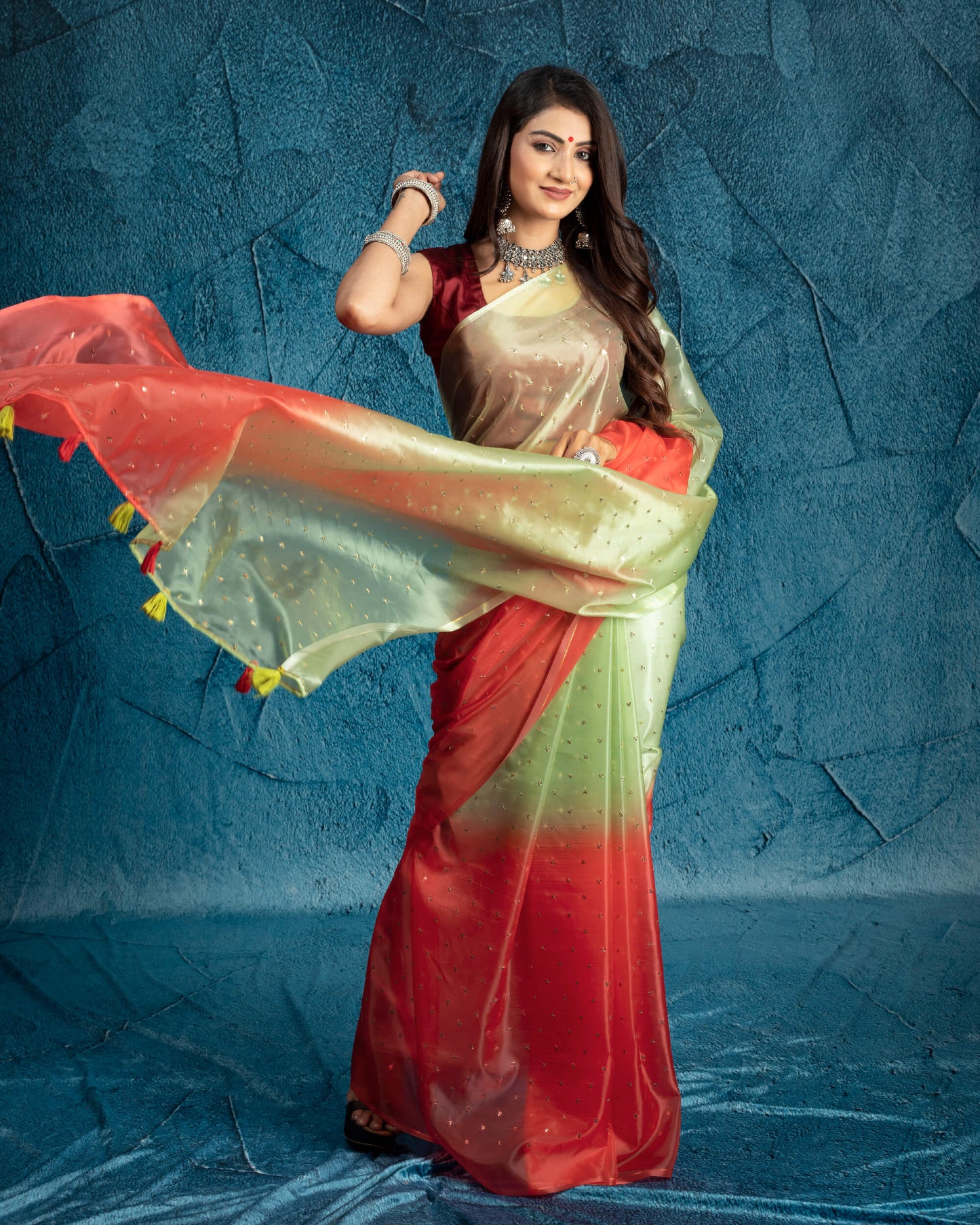 Red And Pistachio Green Ombre Pattern Booti Sequins Digital Print Liquid Organza Saree With Satin Border