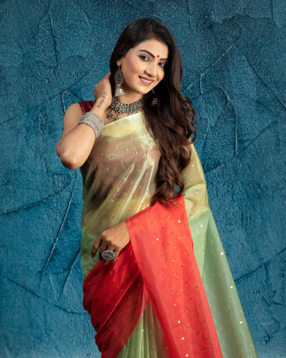 Red And Pistachio Green Ombre Pattern Booti Sequins Digital Print Liquid Organza Saree With Satin Border