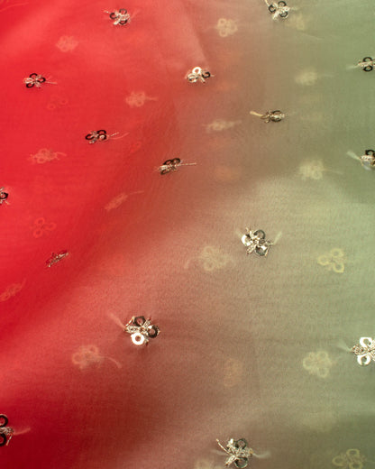 Red And Pistachio Green Ombre Pattern Booti Sequins Digital Print Liquid Organza Saree With Satin Border
