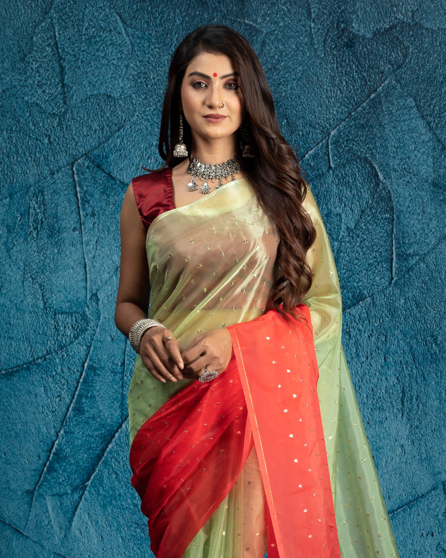 Red And Pistachio Green Ombre Pattern Booti Sequins Digital Print Liquid Organza Saree With Satin Border
