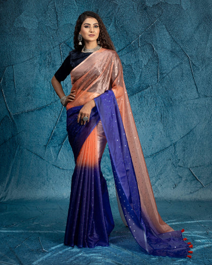 Royal Blue And Orange Ombre Pattern Booti Sequins Digital Print Liquid Organza Saree With Satin Border