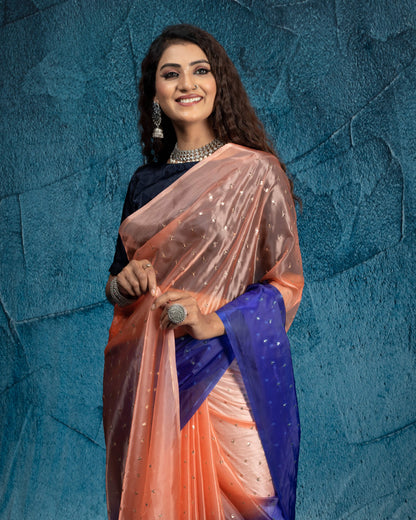 Royal Blue And Orange Ombre Pattern Booti Sequins Digital Print Liquid Organza Saree With Satin Border