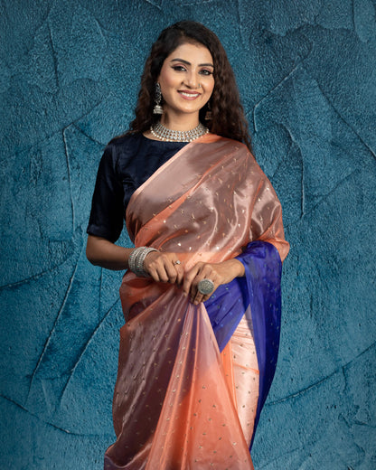 Royal Blue And Orange Ombre Pattern Booti Sequins Digital Print Liquid Organza Saree With Satin Border