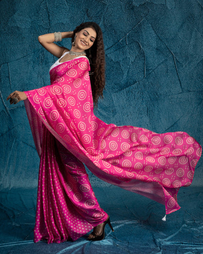 Hot Pink And Cream Bandhanii Pattern Digital Print Georgette Satin Saree With Tassels