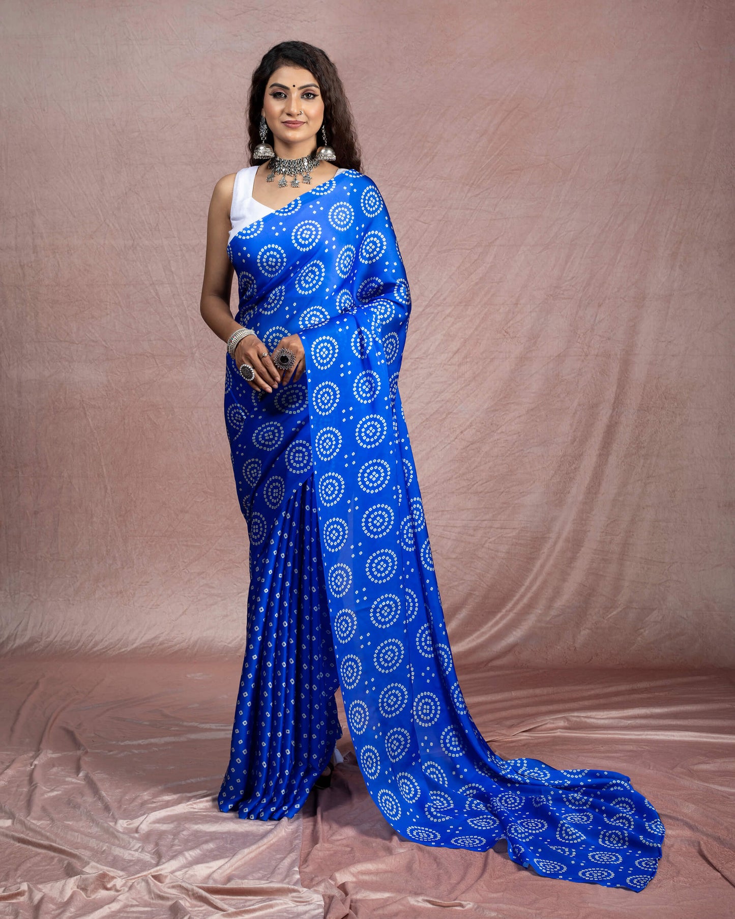 Royal Blue And Cream Bandhani Pattern Digital Print Georgette Satin Saree With Tassels