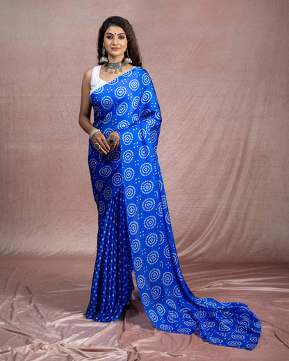 Royal Blue And Cream Bandhanii Pattern Digital Print Georgette Satin Saree With Tassels