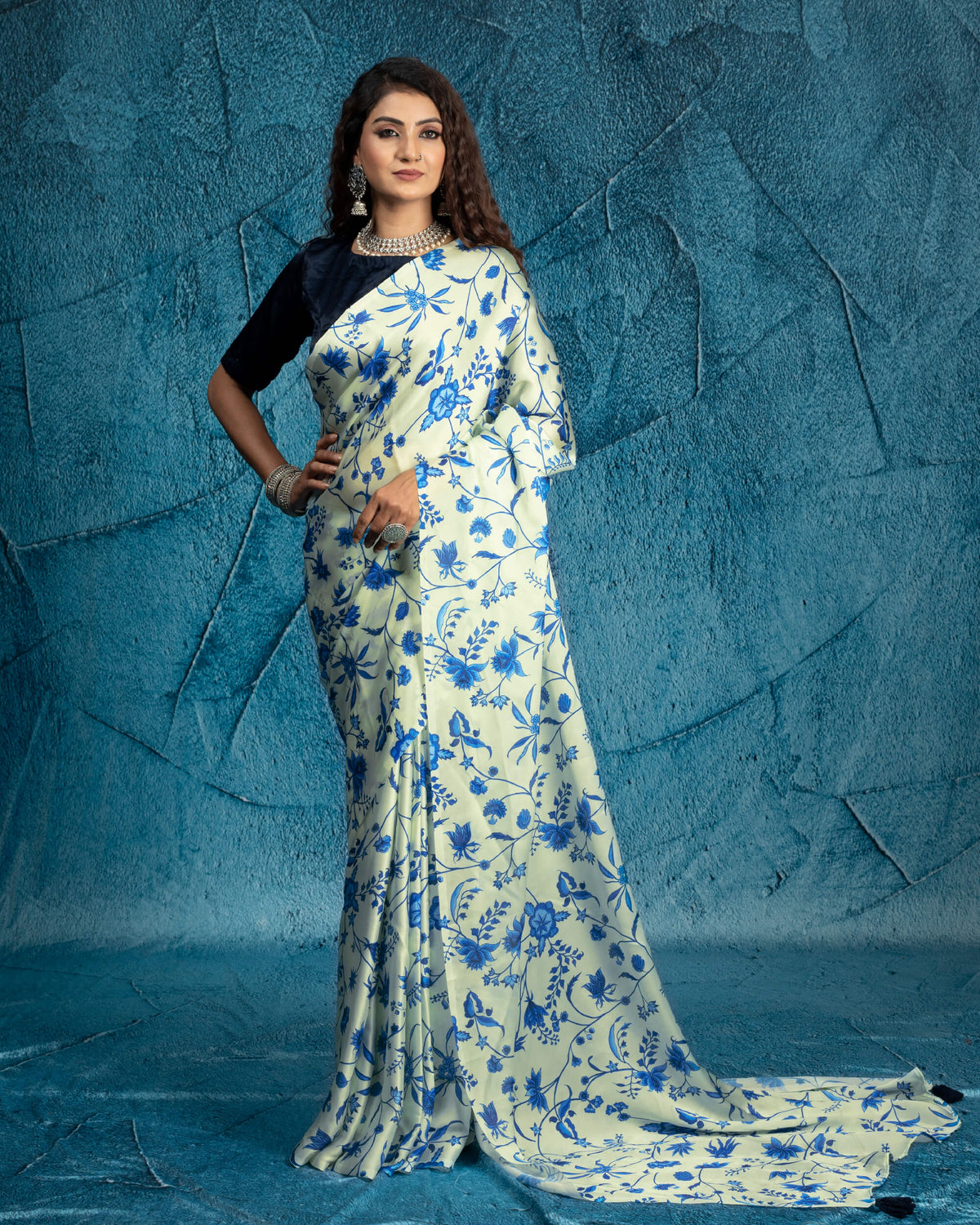 Cream And Blue Floral Pattern Digital Print Georgette Satin Saree With Tassels