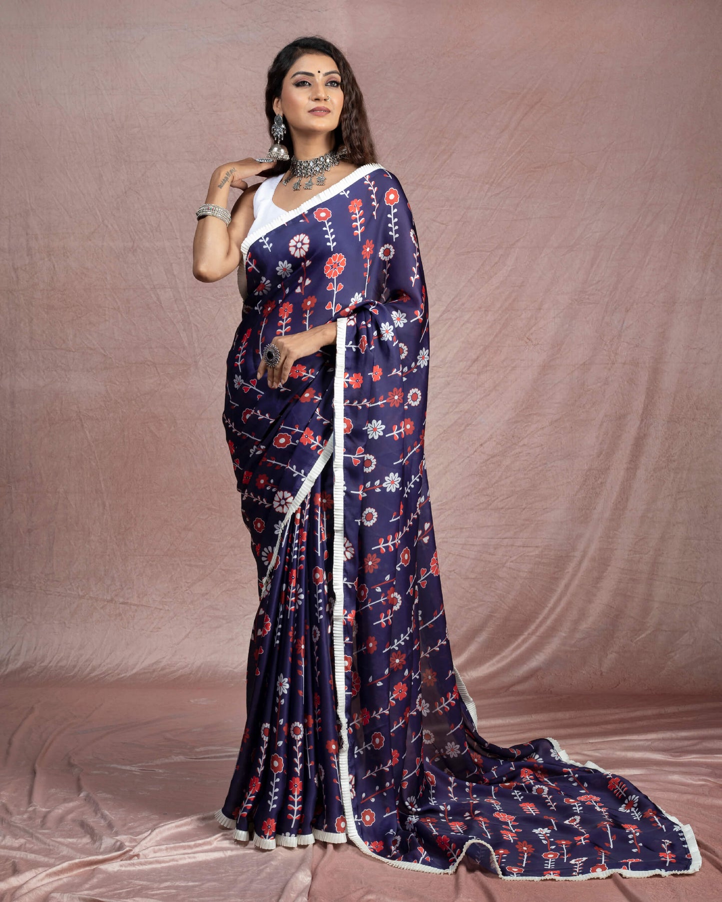 Navy Blue And Red Floral Pattern Digital Print Georgette Satin Saree With Satin Border