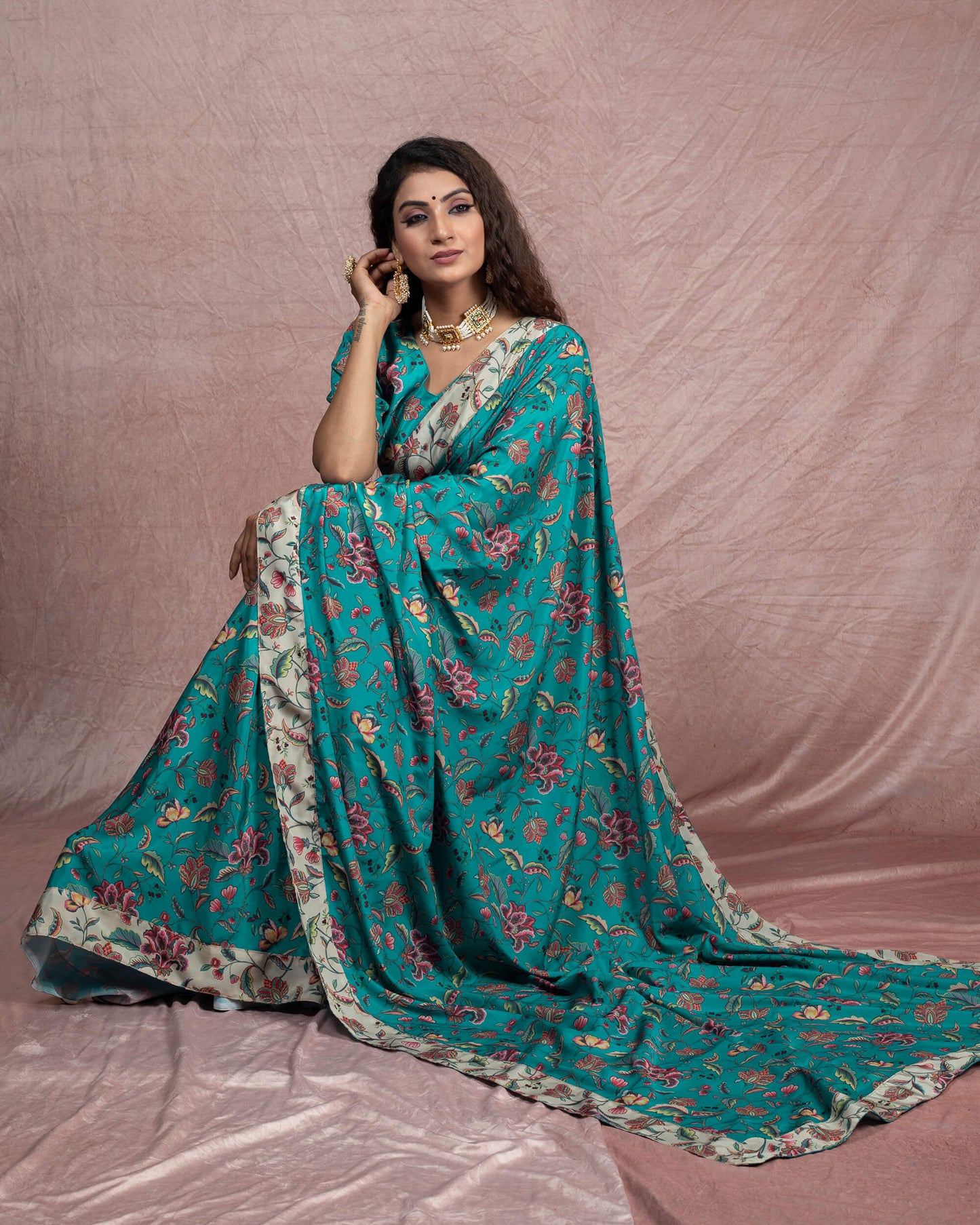 Deep Teal Green And Red Floral Pattern Digital Print Crepe Silk Saree With Printed Silk Border