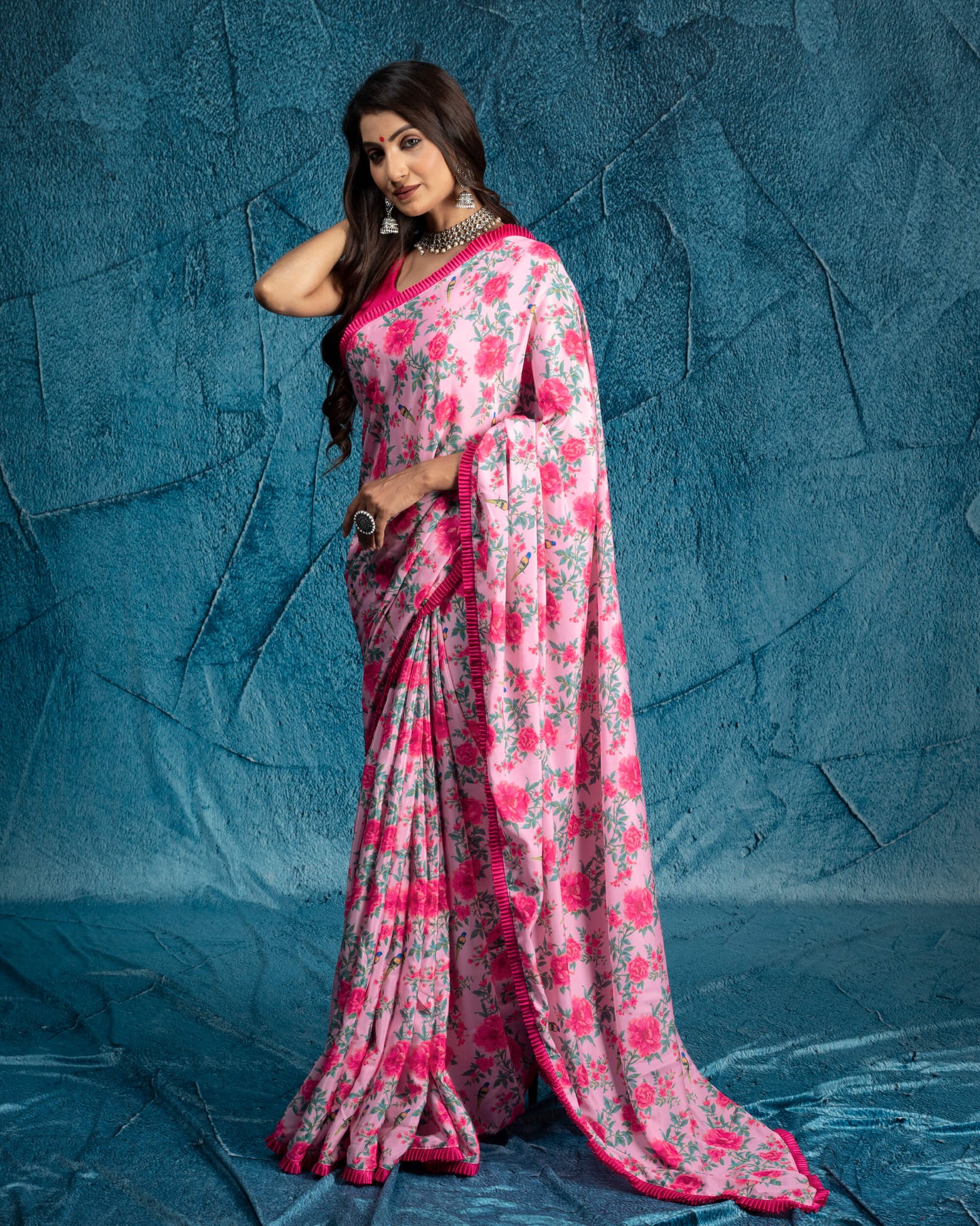 Carnation Pink And Green Floral Pattern Digital Print Crepe Silk Saree With Satin Border