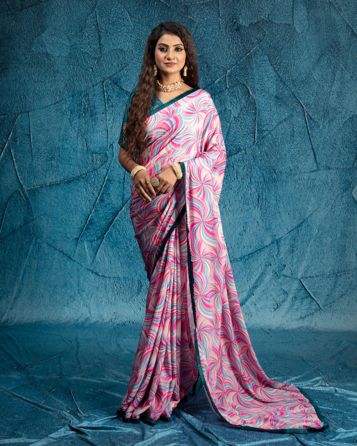 Carnation Pink And Green Abstract Pattern Digital Print Crepe Silk Saree With Satin Border