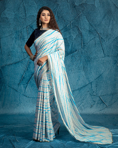 White And Blue Shiiborii Pattern Digital Print Booti Sequins Butter Crepe Saree With Tubular Beads Sequins Lace Border