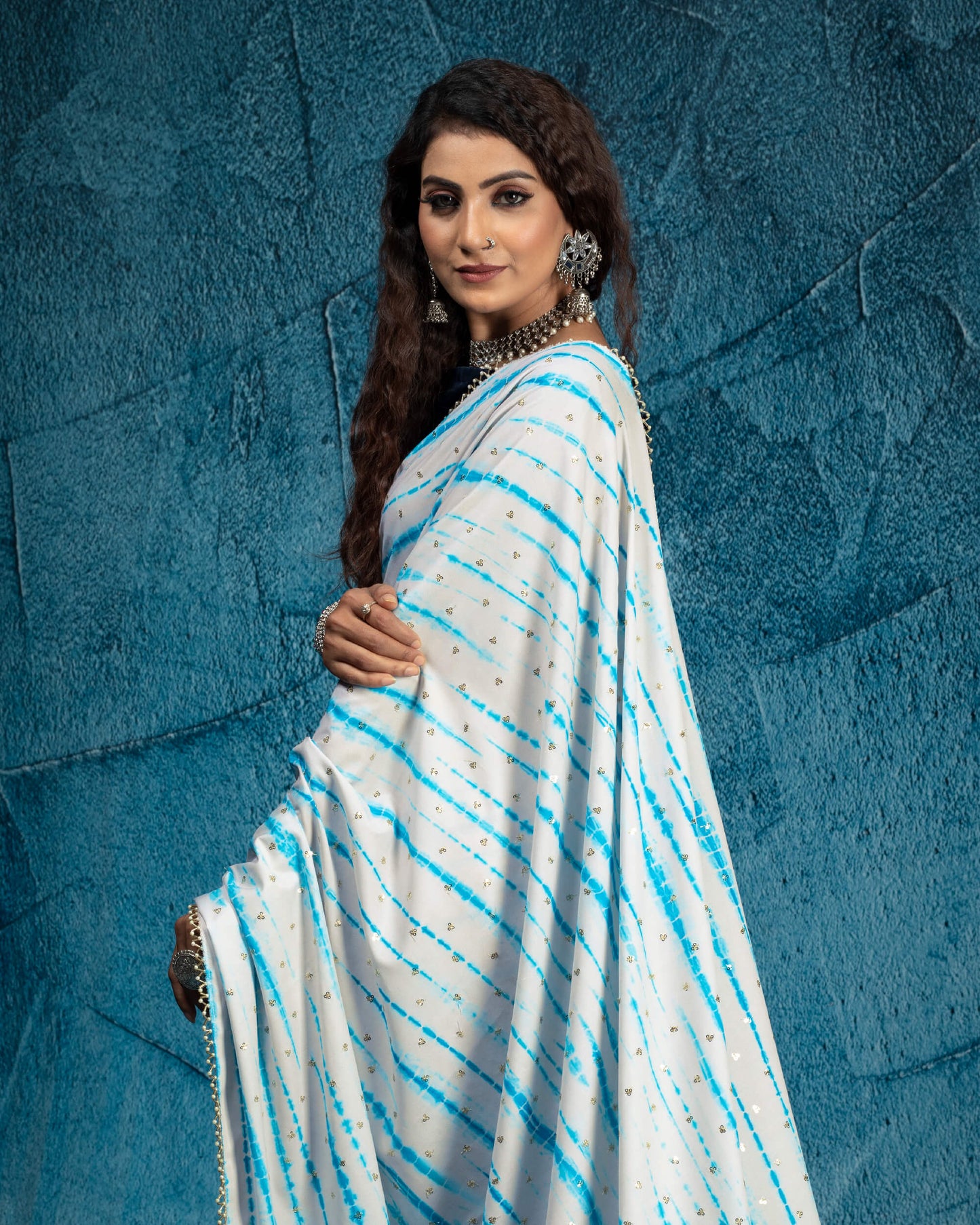 White And Blue Shibori Pattern Digital Print Booti Sequins Butter Crepe Saree With Tubular Beads Sequins Lace Border