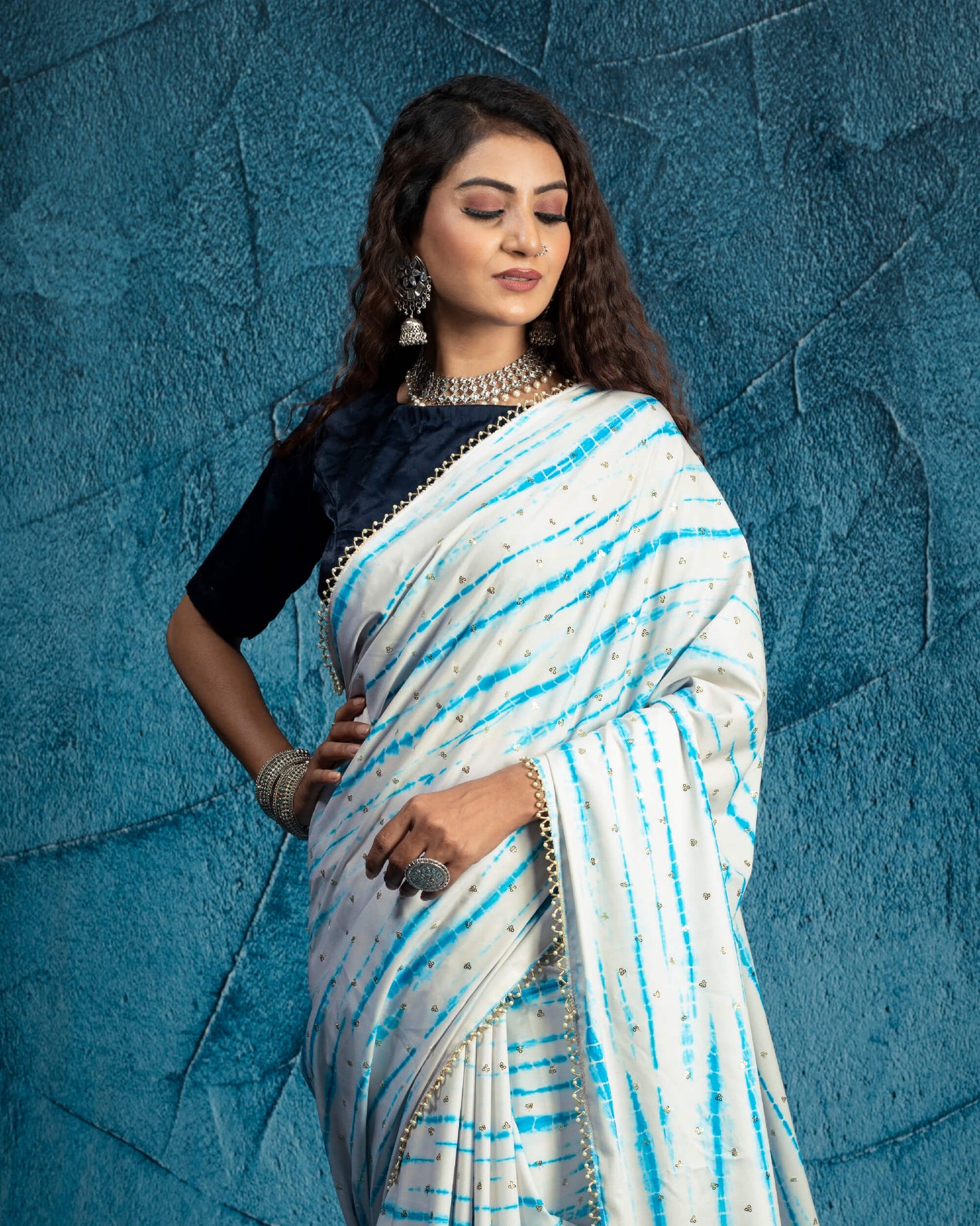 White And Blue Shibori Pattern Digital Print Booti Sequins Butter Crepe Saree With Tubular Beads Sequins Lace Border