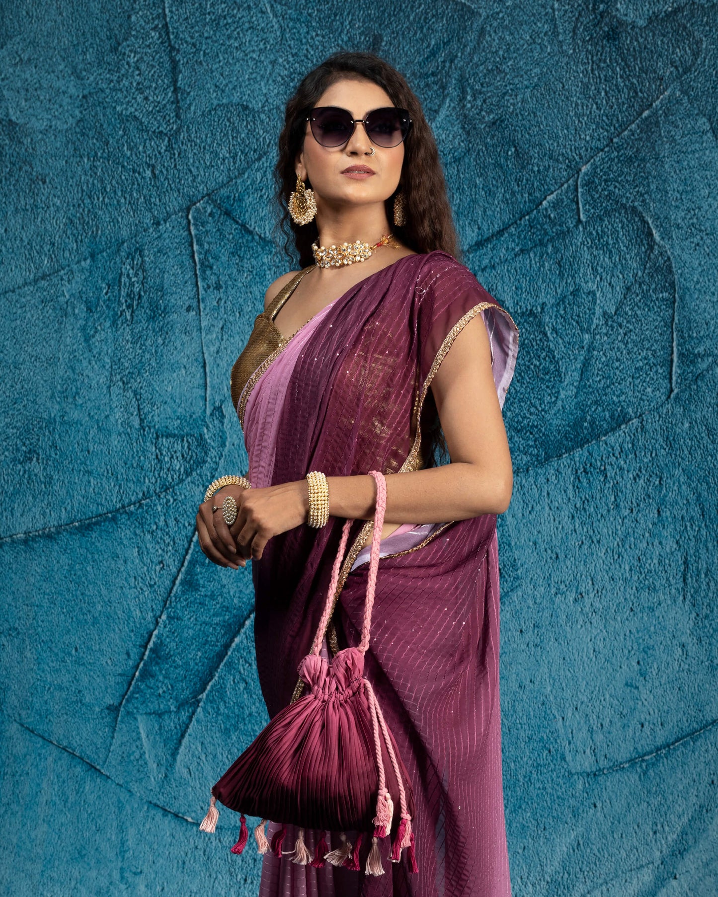 Raisin Purple And Carnation Pink Ombre Pattern Premium Sequins Georgette Saree With Stone Work Lace Border