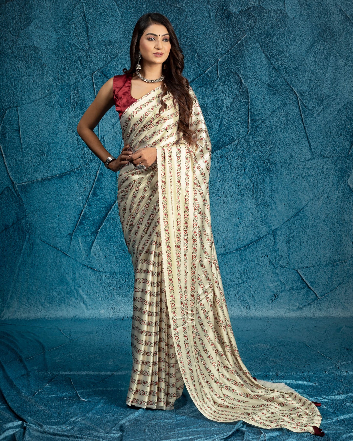 Cream And Red Stripes Pattern Embroidery With Mirror Work Digital Print Japan Satin Saree With Tassles