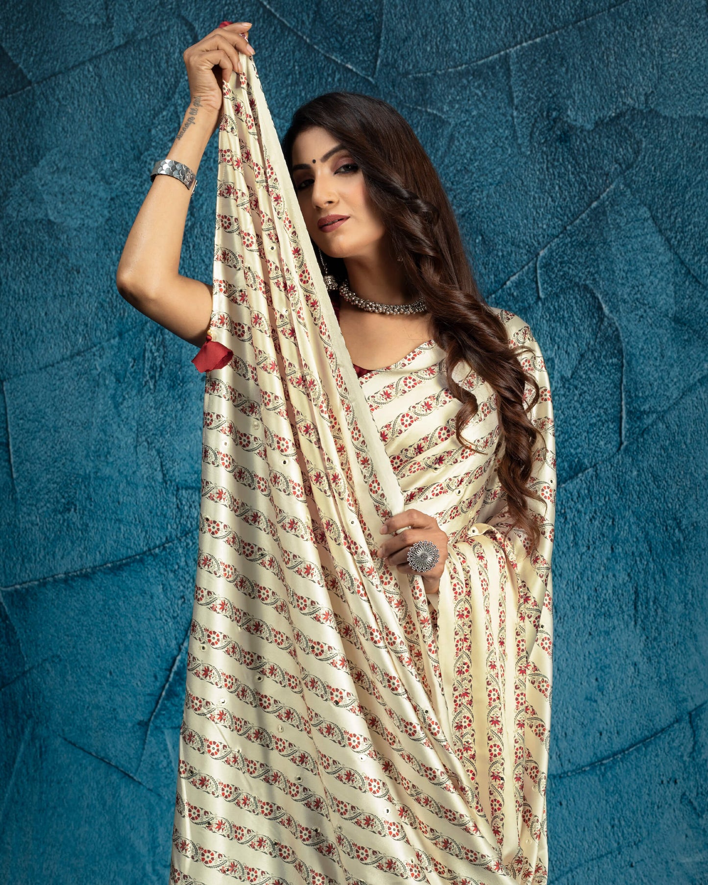 Cream And Red Stripes Pattern Embroidery With Mirror Work Digital Print Japan Satin Saree With Tassles