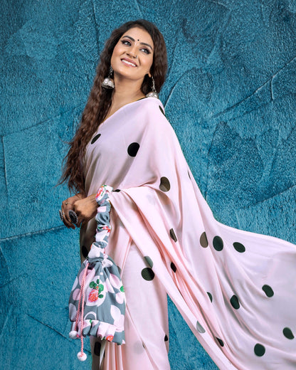 Pale Pink And Black Polka Dots Pattern Digital Print Georgette Saree With Tassels