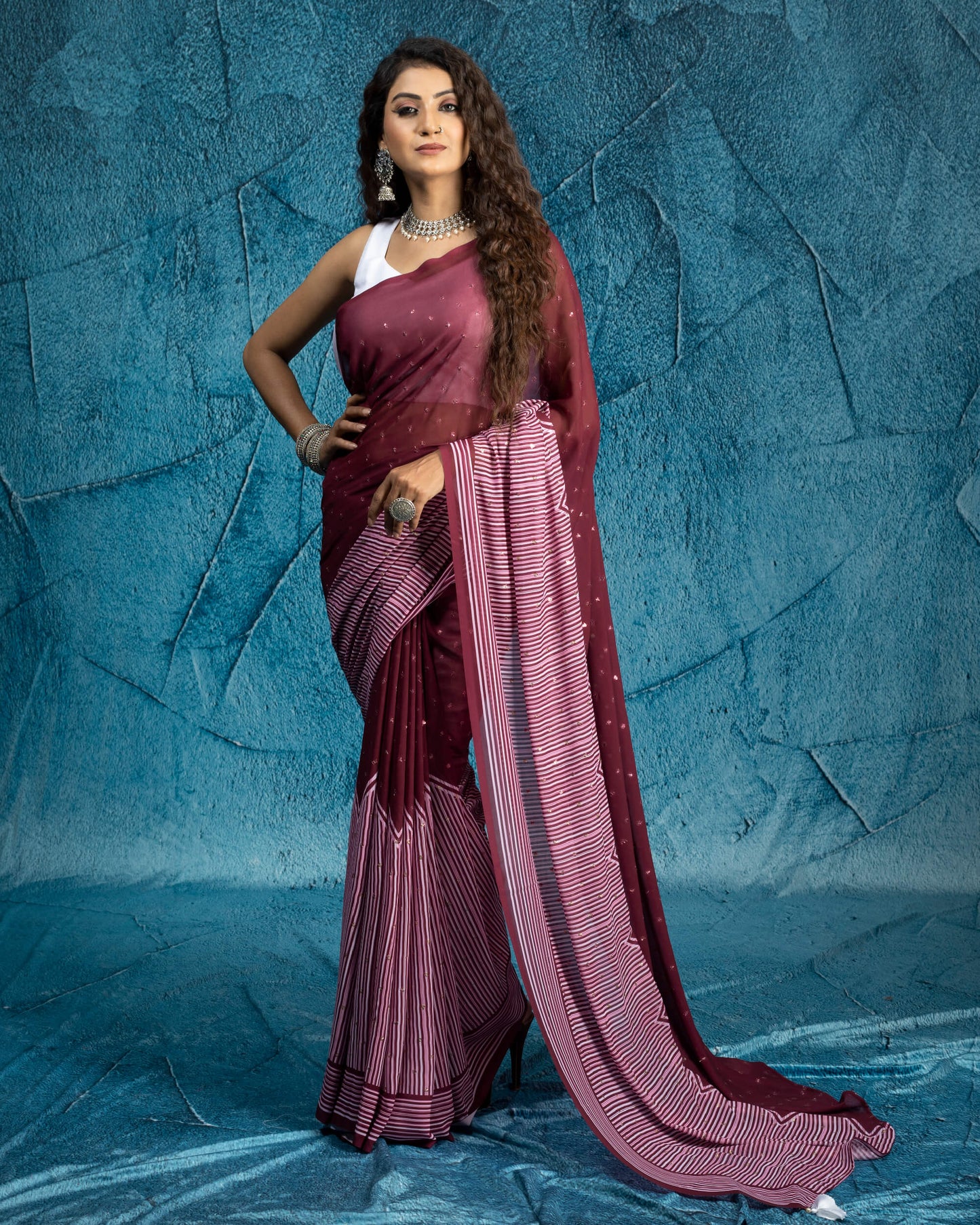 Maroon And White Daman Pattern Booti Sequins Digital Print Georgette Saree With Tassels