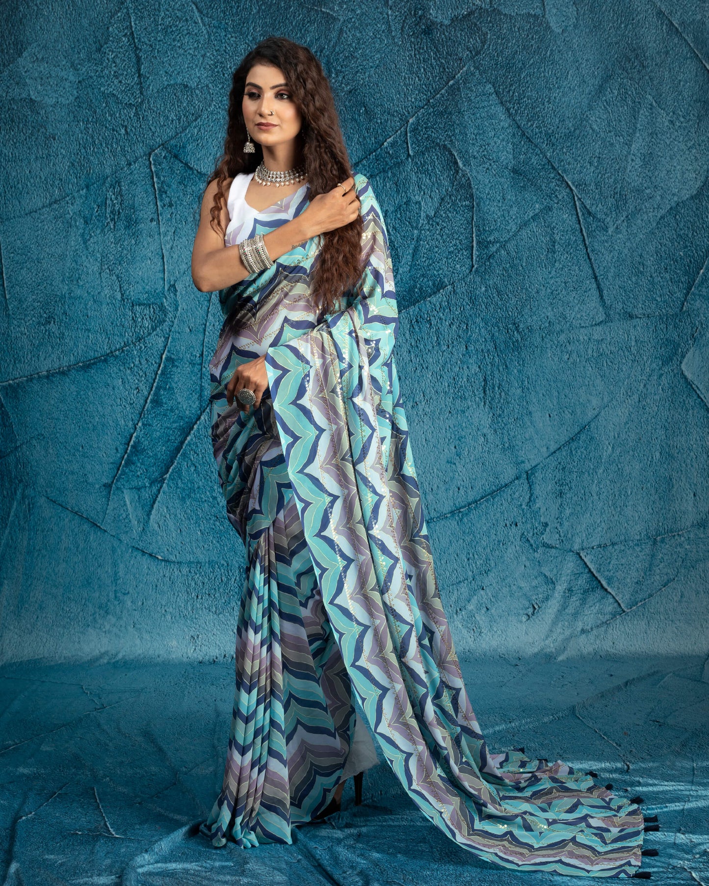 Blue And Careys Pink Chevron Pattern Stripes Sequins Embroidery Digital Print Georgette Saree With Tassels
