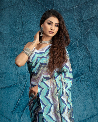 Blue And Careys Pink Chevron Pattern Stripes Sequins Embroidery Digital Print Georgette Saree With Tassels