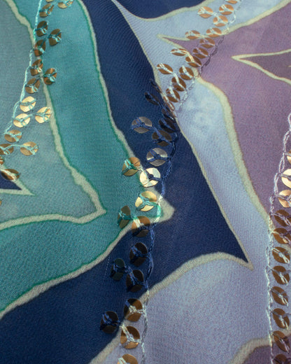 Blue And Careys Pink Chevron Pattern Stripes Sequins Embroidery Digital Print Georgette Saree With Tassels