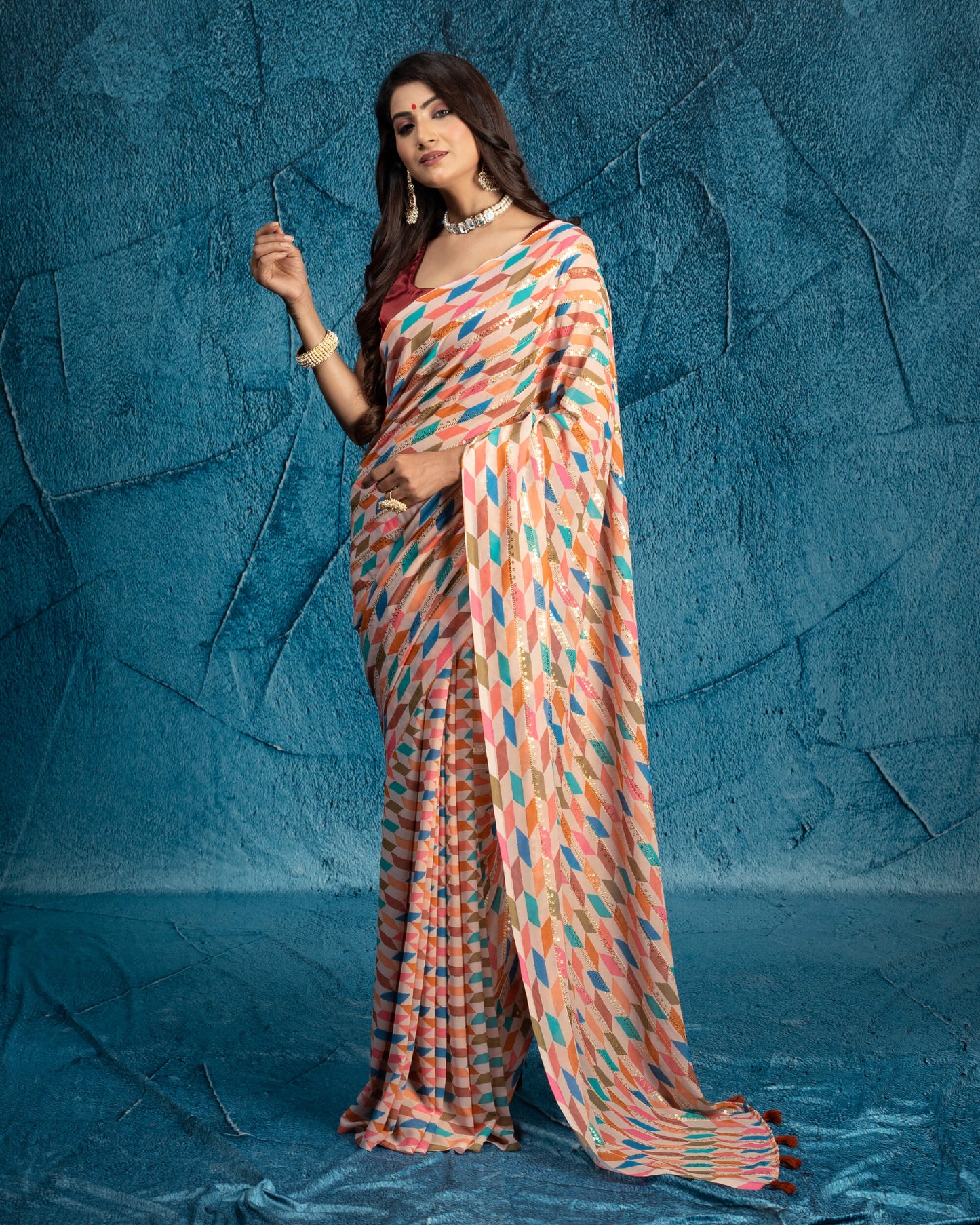 Peach And Blue Abstract Pattern Half Strieps Sequins Embroidery Digital Print Georgette Saree With Tassels
