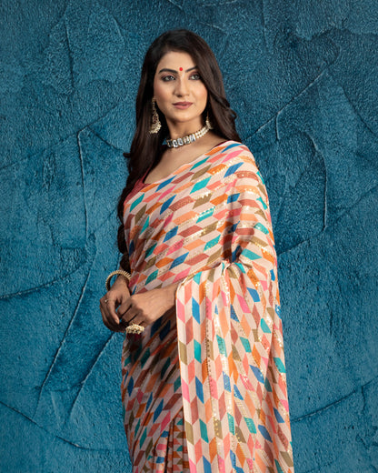 Peach And Blue Abstract Pattern Half Strieps Sequins Embroidery Digital Print Georgette Saree With Tassels