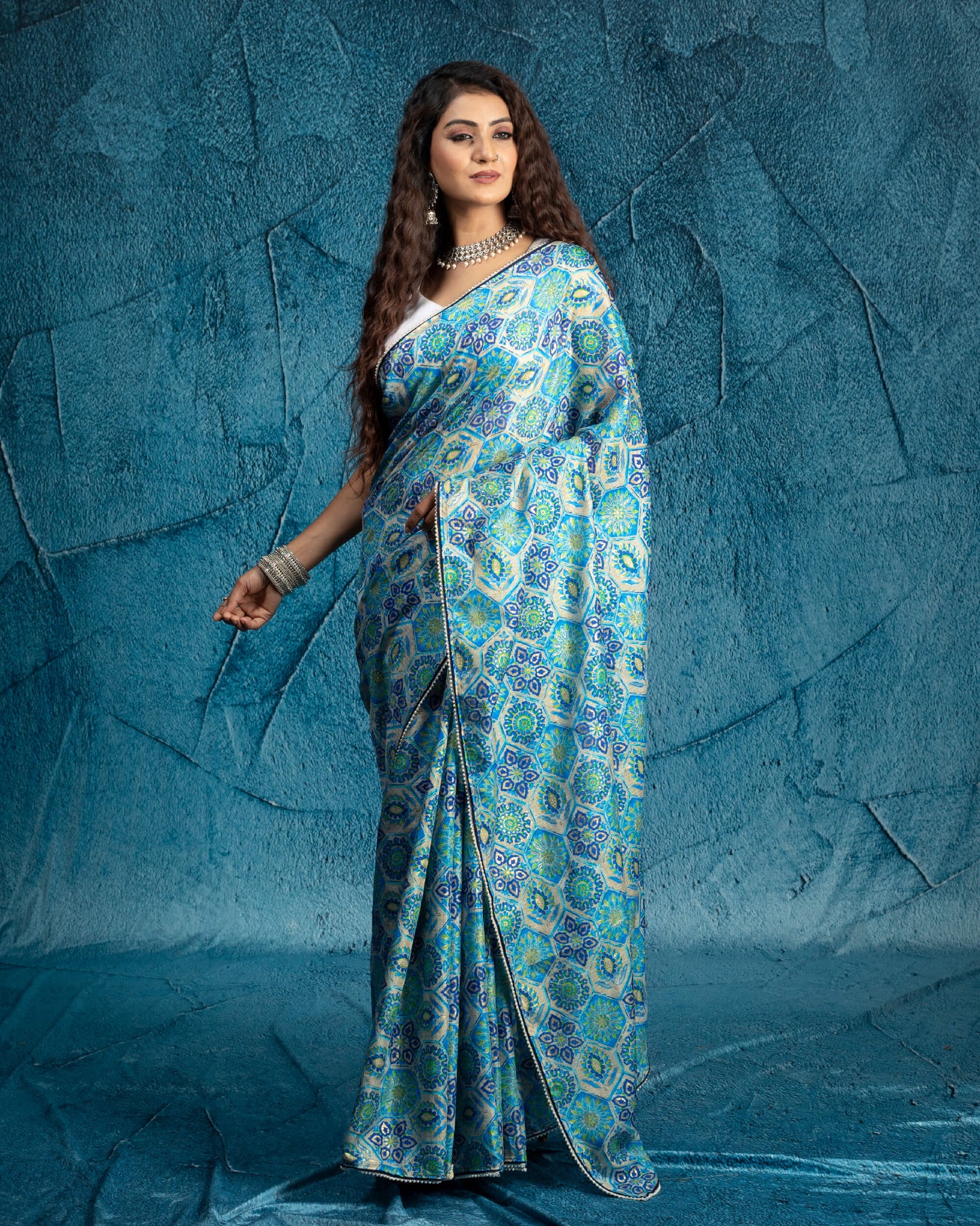 Blue And Off White Traditional Pattern Foil Print Kota Doria Saree With Pearl Work Lace Border