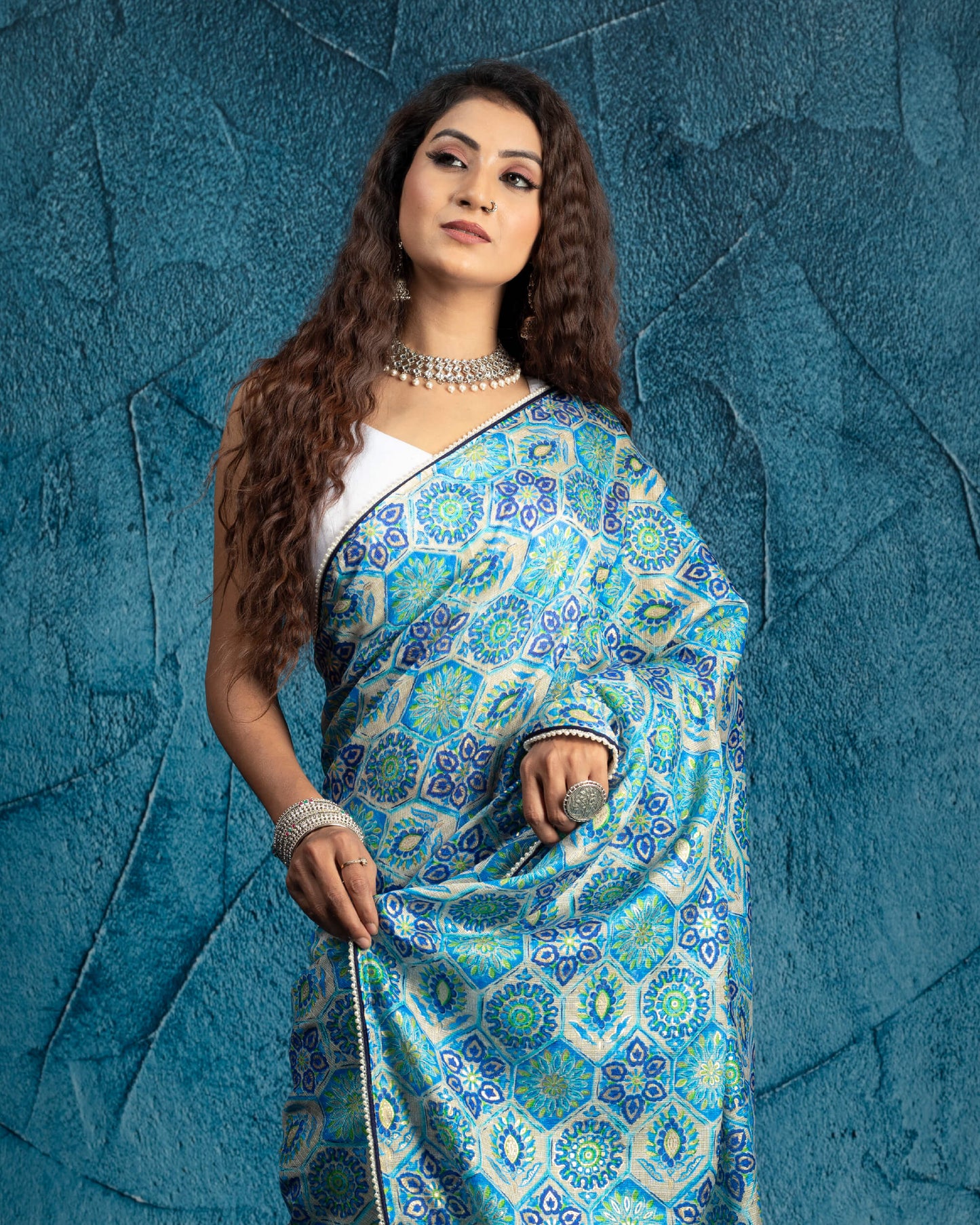 Blue And Off White Traditional Pattern Foil Print Kota Doria Saree With Pearl Work Lace Border