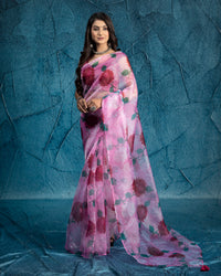 Taffy Pink and Green Floral Pattern Digital Print Organza Tissue Saree With Tassels