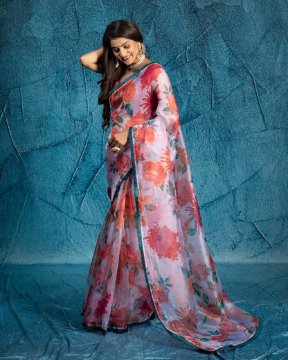White And Orange Floral Pattern Digital Print Organza Tissue Saree With Lace