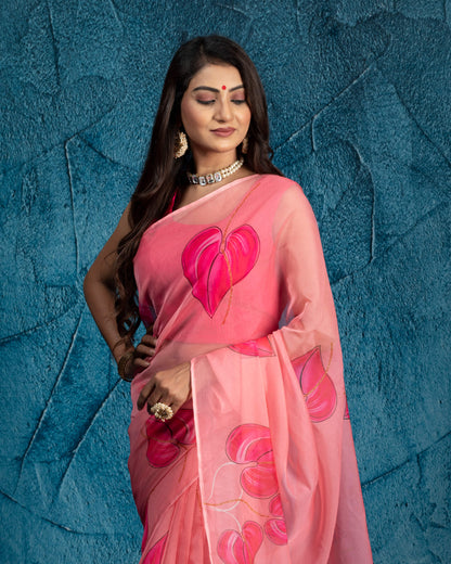Salmon Pink And Black Leaf Pattern Shimmer Tisshu Saree
