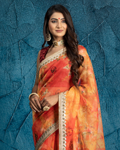 Orange And Red Floral Pattern Shimmer Tisshu Saree With Zari Sequins Lace Border