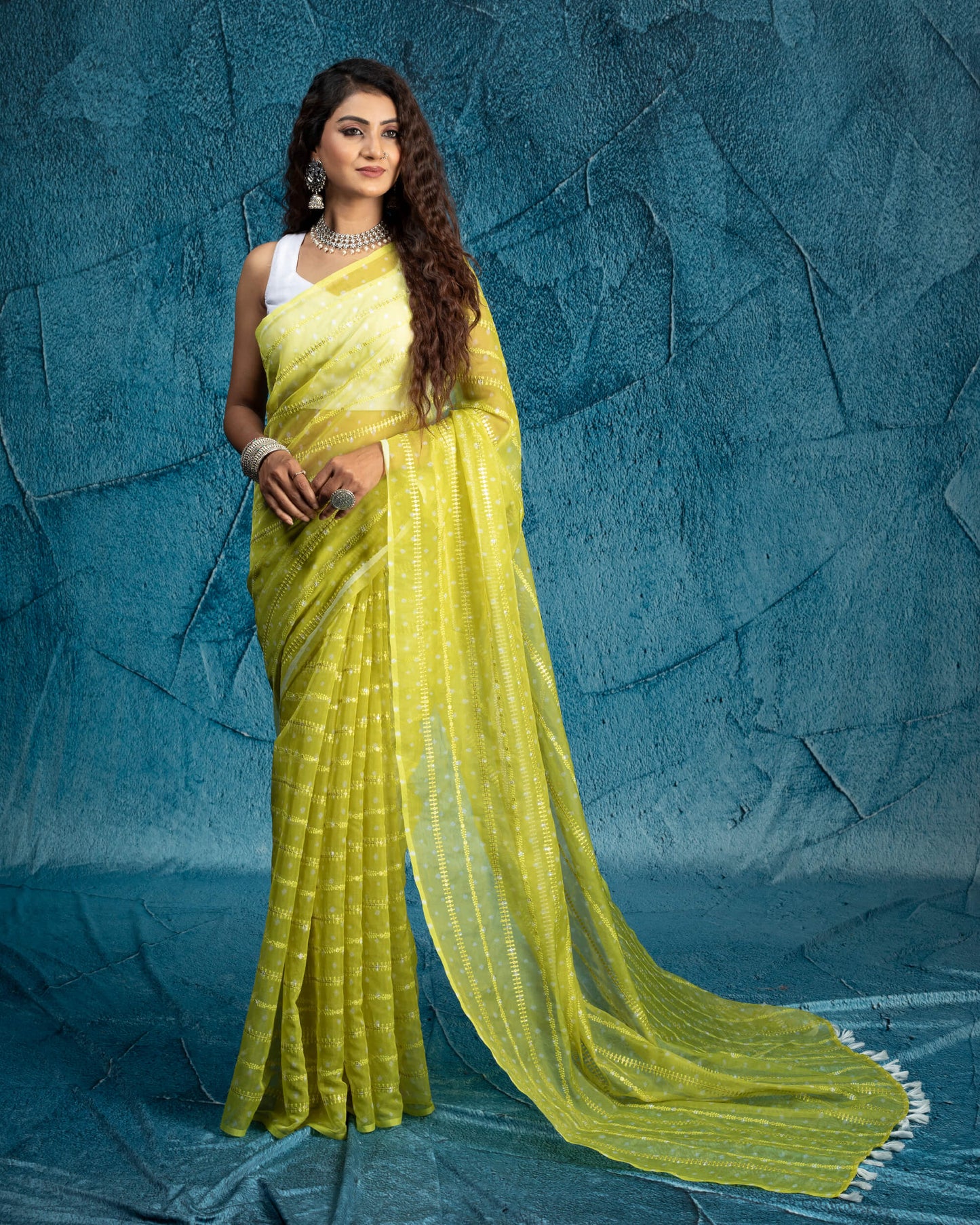 Pineapple Yellow And White Bandhani Pattern Stripes Zari Sequins Embroidery Digital Print Organza Saree With Tassles