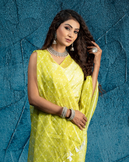 Pineapple Yellow And White Bandhanii Pattern Stripes Zari Sequins Embroidery Digital Print Organza Saree With Tassles