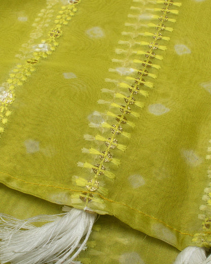 Pineapple Yellow And White Bandhanii Pattern Stripes Zari Sequins Embroidery Digital Print Organza Saree With Tassles