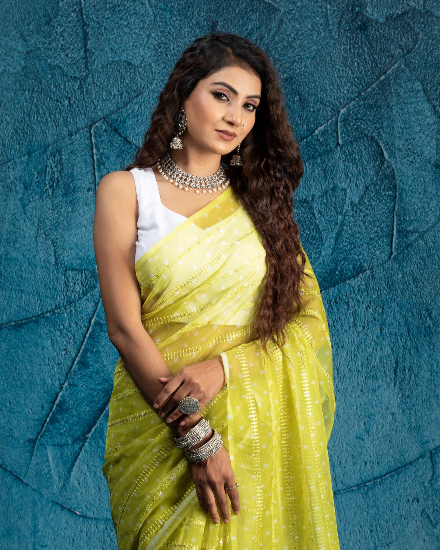 Pineapple Yellow And White Bandhani Pattern Stripes Zari Sequins Embroidery Digital Print Organza Saree With Tassles