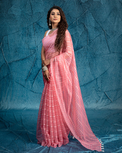 Taffy Pink And Off White Geometric Pattern Geometric Zari Sequins Embroidery Digital Print Organza Saree With Tassles