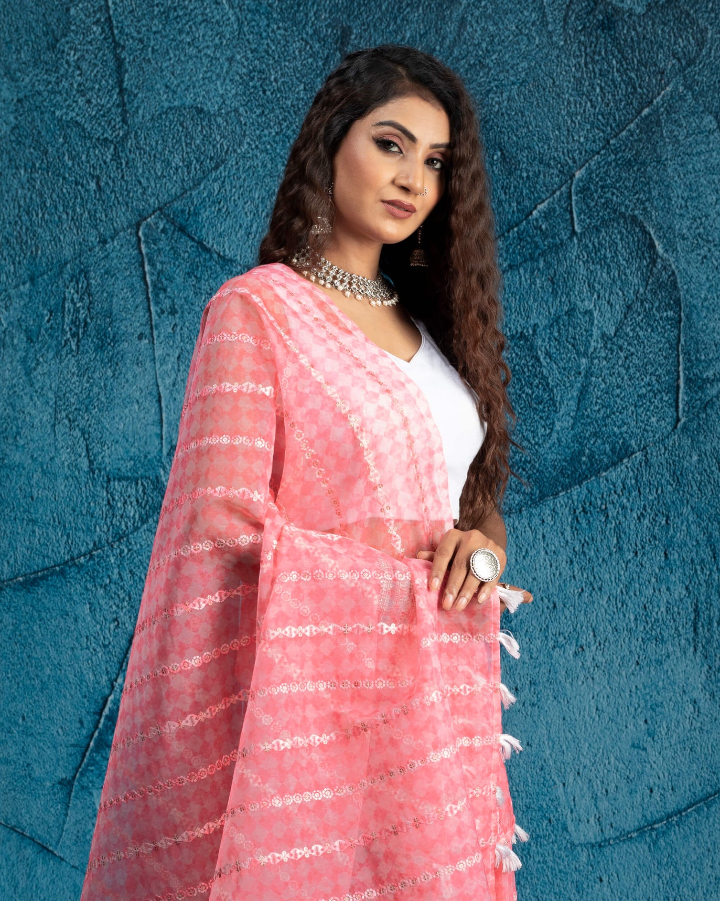 Taffy Pink And Off White Geometric Pattern Geometric Zari Sequins Embroidery Digital Print Organza Saree With Tassles