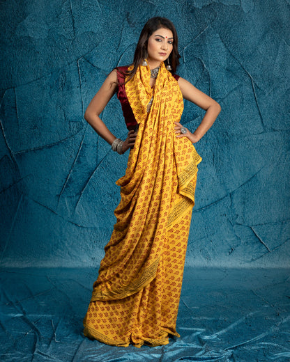 Honey Yellow And Sangria Red Botti Pattern Bagh Print Handblock Natural Dye Rayon Saree With Tassels