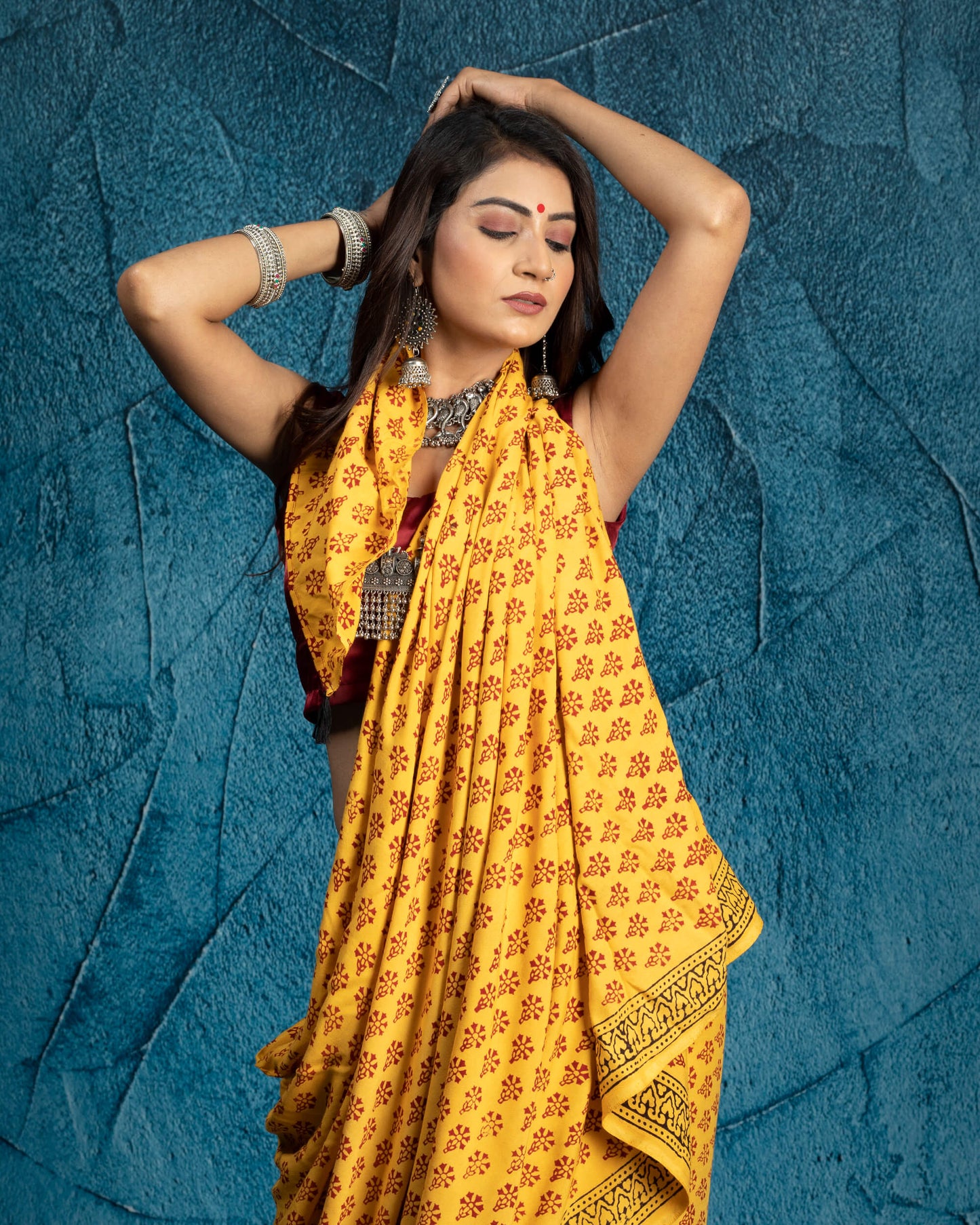 Honey Yellow And Sangria Red Botti Pattern Bagh Print Handblock Natural Dye Rayon Saree With Tassels