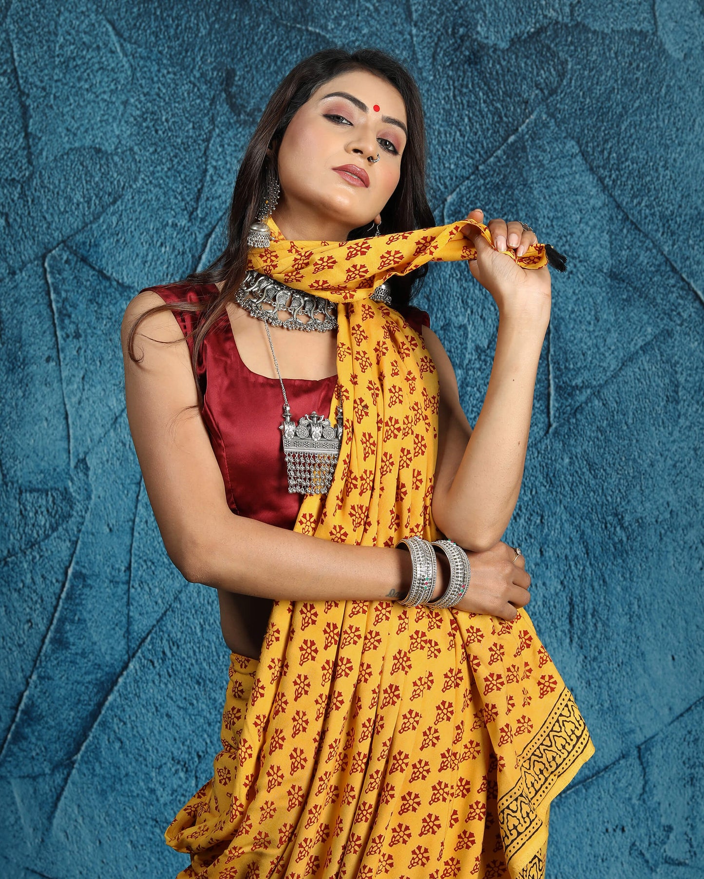 Honey Yellow And Sangria Red Botti Pattern Bagh Print Handblock Natural Dye Rayon Saree With Tassels