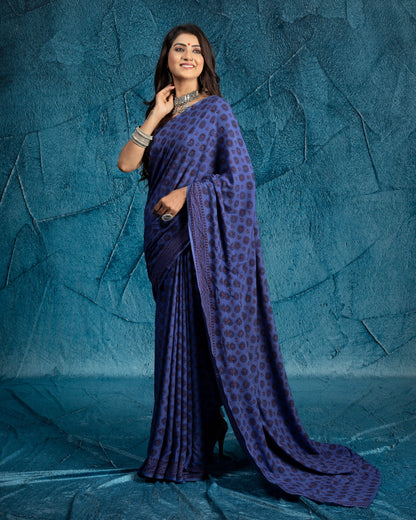 Yale Blue And Red Booti Pattern Bagh Print Handblock Natural Dye Rayon Saree With Tassels