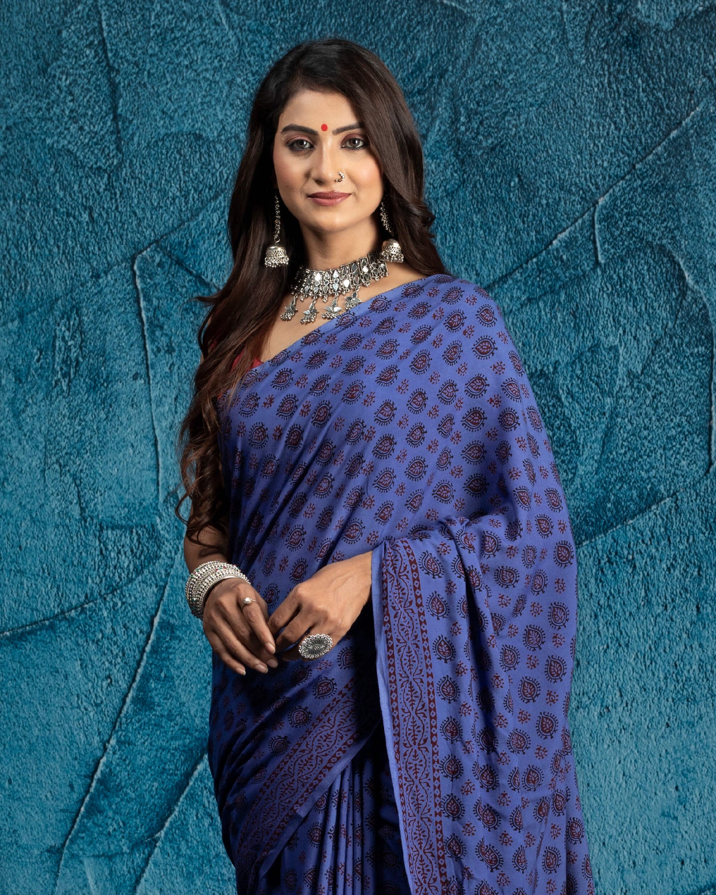Yale Blue And Red Booti Pattern Bagh Print Handblock Natural Dye Rayon Saree With Tassels