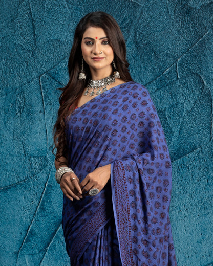 Yale Blue And Red Booti Pattern Bagh Print Handblock Natural Dye Rayon Saree With Tassels